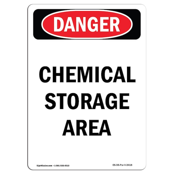 Safety Sign, OSHA Danger, 5" Height, Chemical Storage Area, Portrait, 10PK